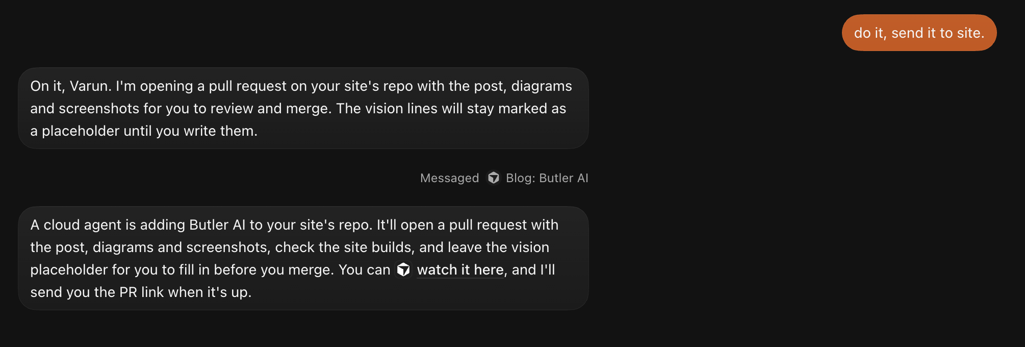 Varun's Grok Bots app: he tells Maya to send the finished post to his site, Maya messages a Cursor cloud agent called Blog: Butler AI, and confirms it will open a pull request on his site's repo for him to review and merge