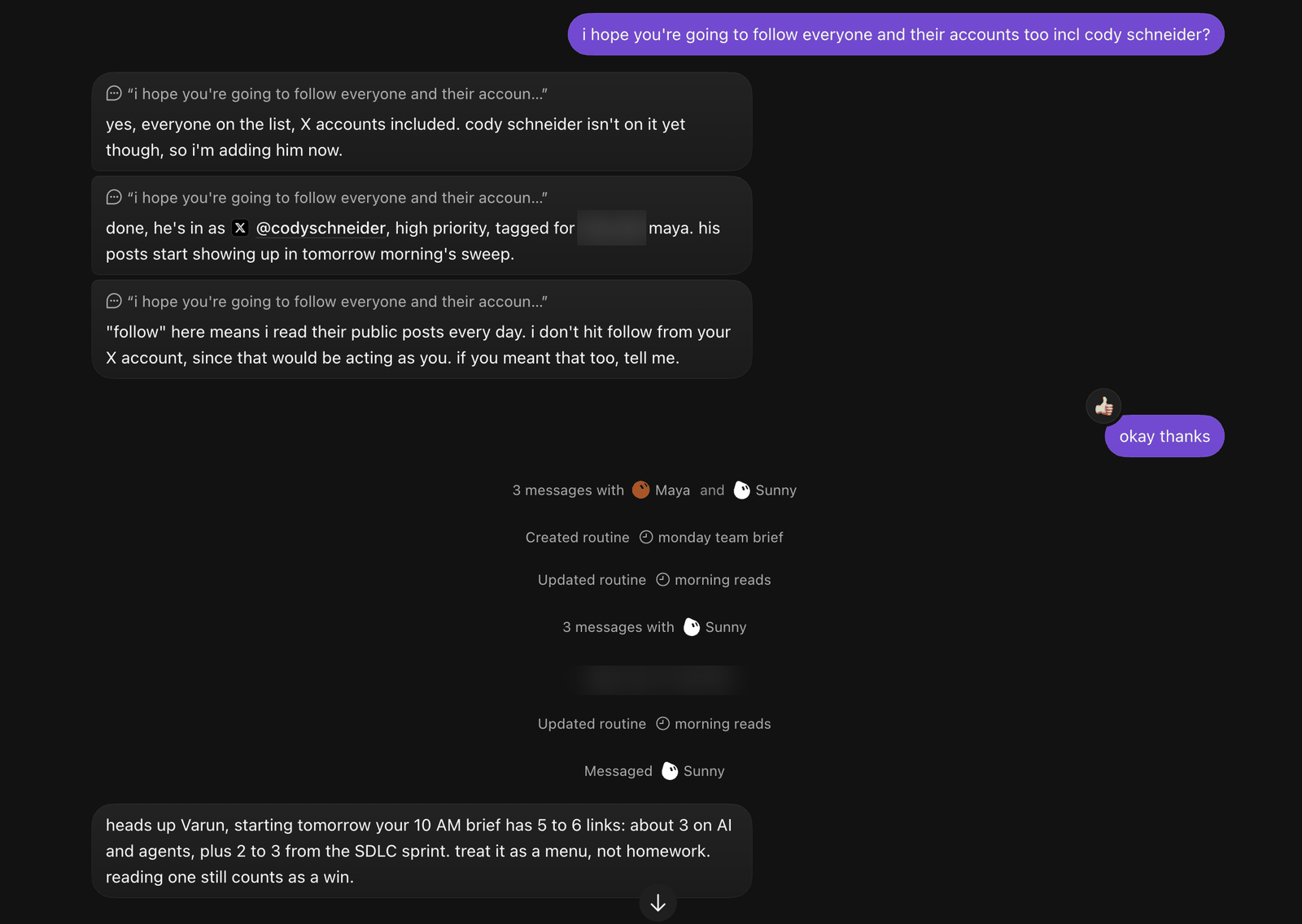 Janet's chat: she adds Cody Schneider to her reading list and explains that following means reading public posts, not acting from Varun's X account, followed by agent-to-agent messages and routine updates