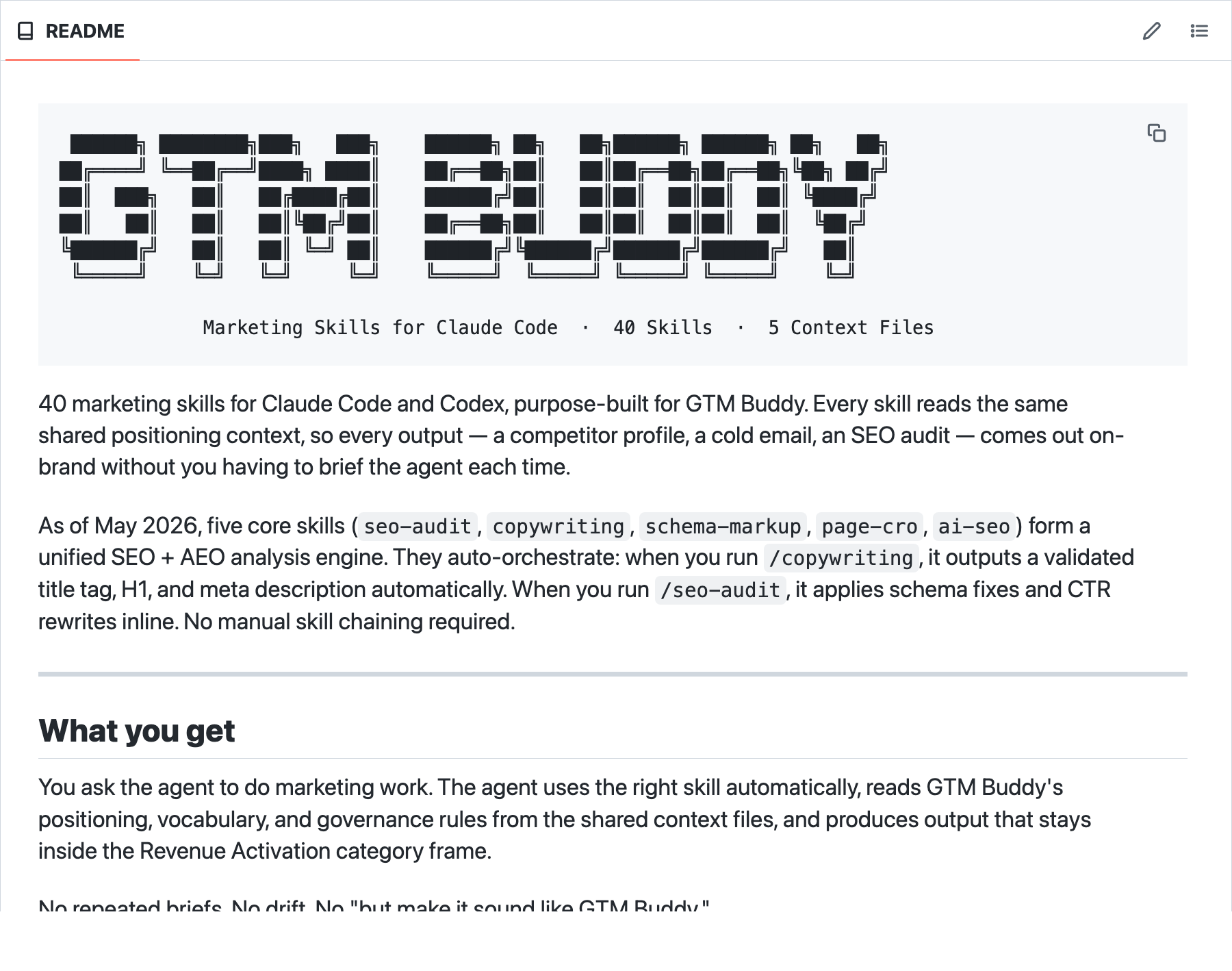 GTM Buddy marketing skills repository README overview
