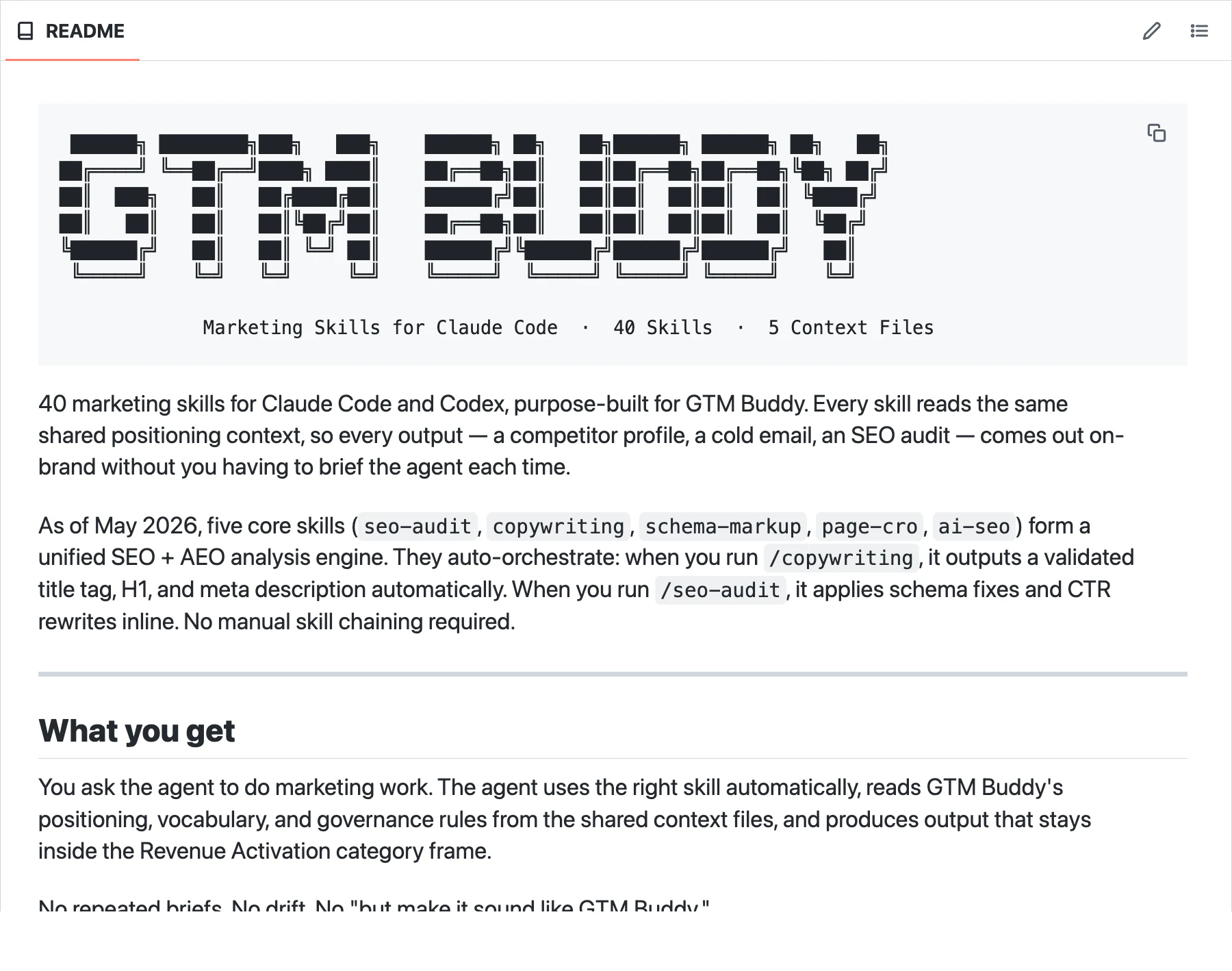 GTM Buddy marketing skills repository README overview
