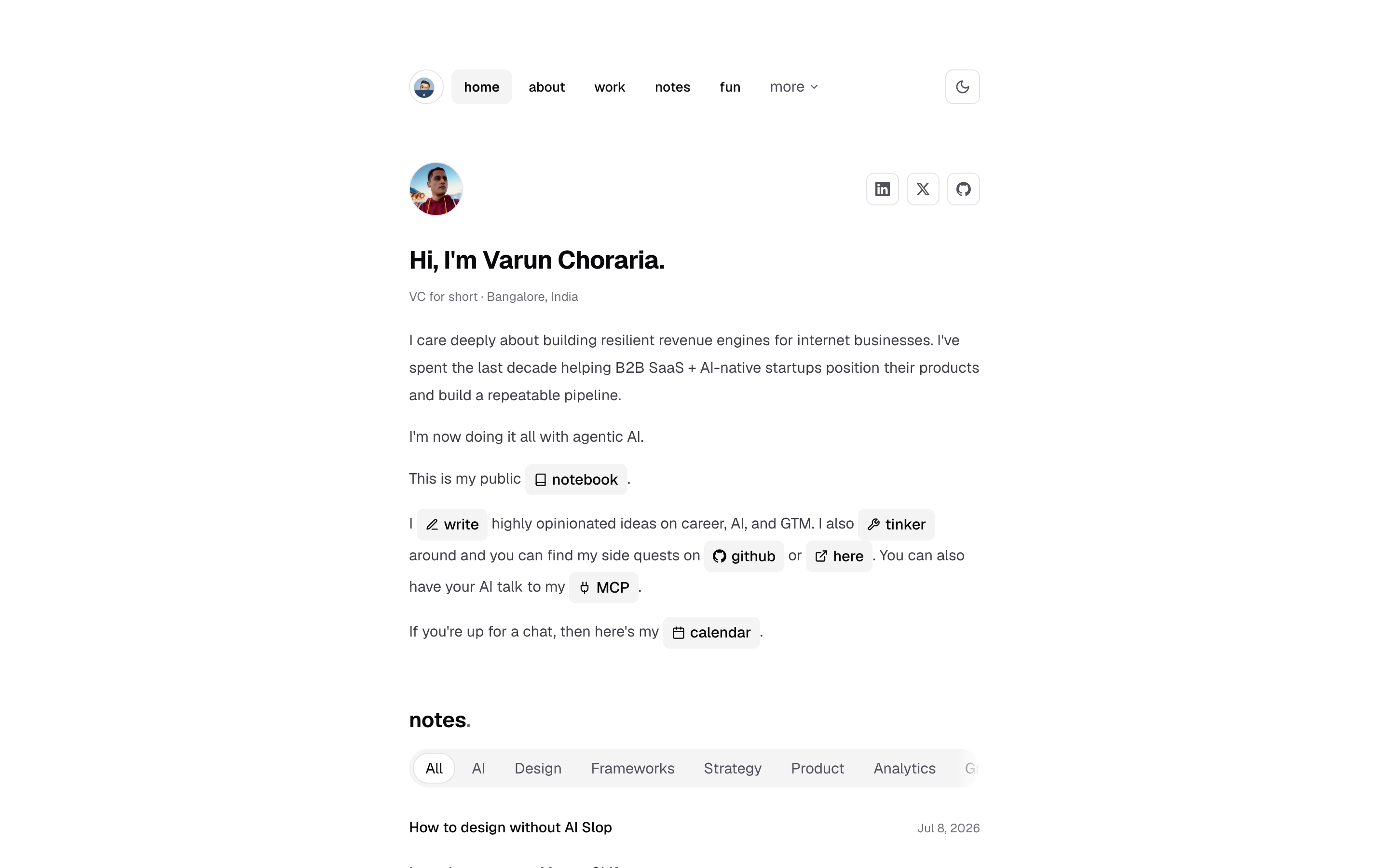 The redesigned varunchoraria.com: a single centered column, strict monochrome zinc palette, and quiet typography-first chrome