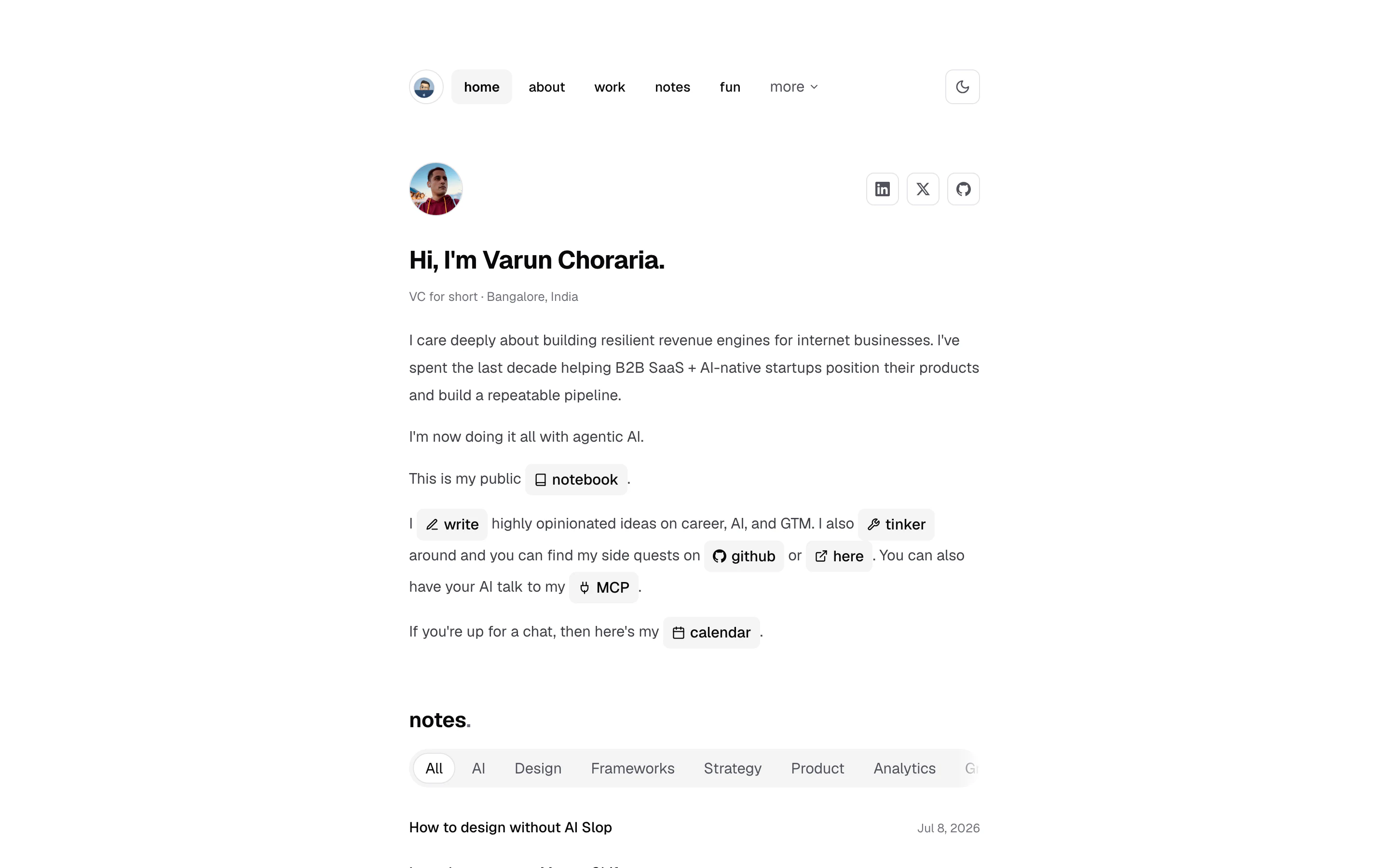 The redesigned varunchoraria.com: a single centered column, strict monochrome zinc palette, and quiet typography-first chrome