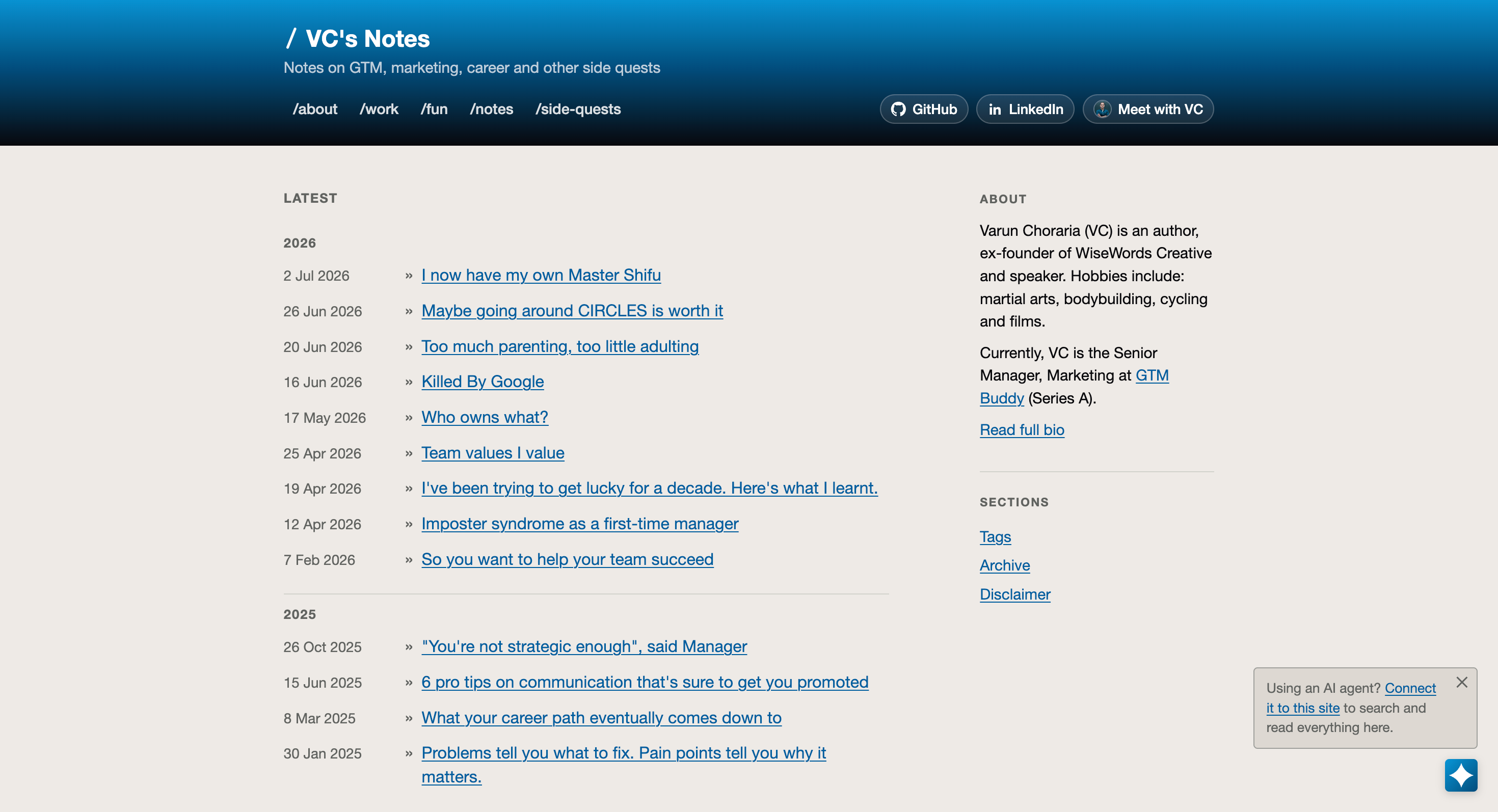 The old varunchoraria.com: a blue gradient header, three-ish column layout with a right sidebar, and an MCP nudge toast