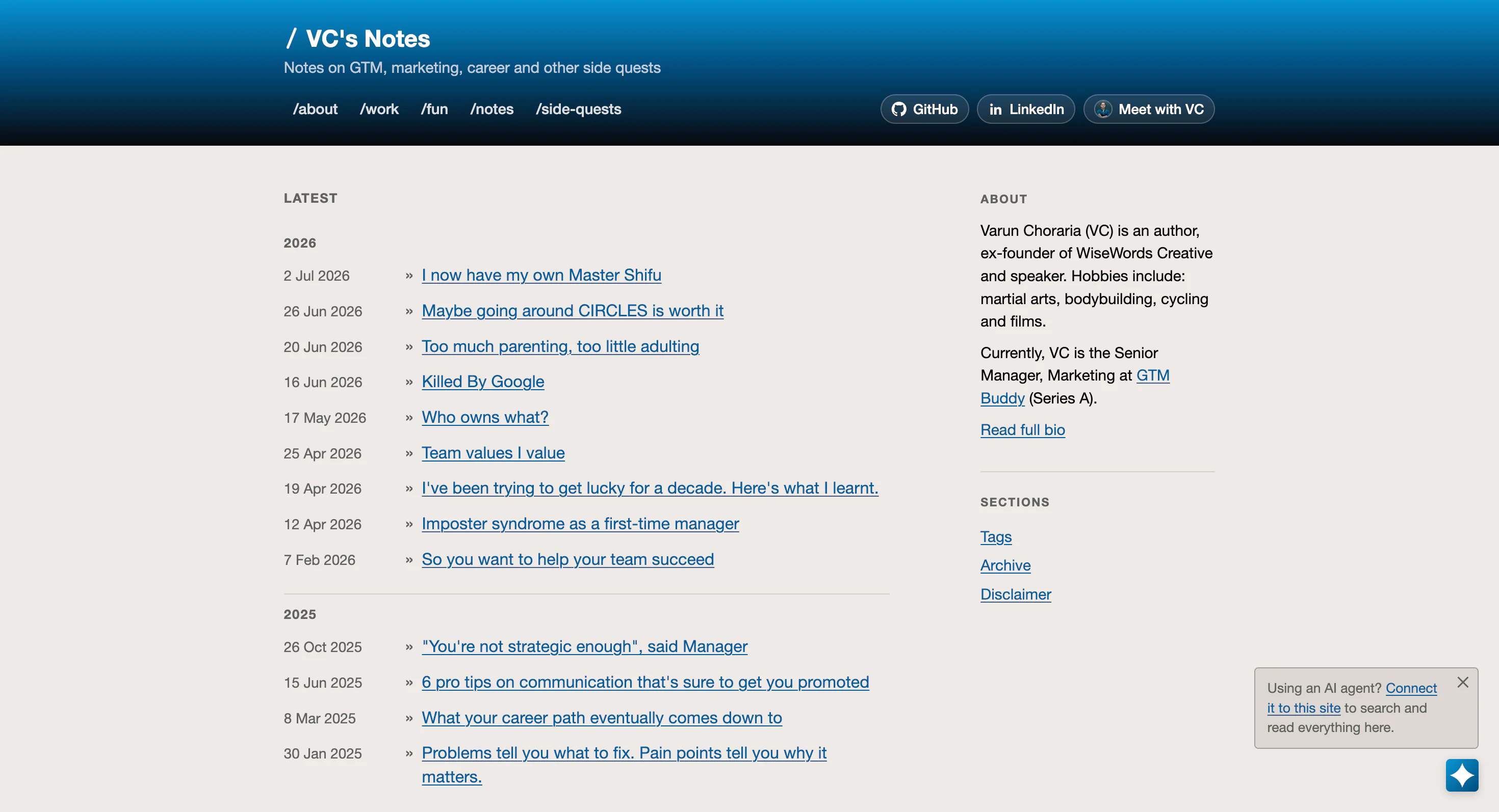 The old varunchoraria.com: a blue gradient header, three-ish column layout with a right sidebar, and an MCP nudge toast