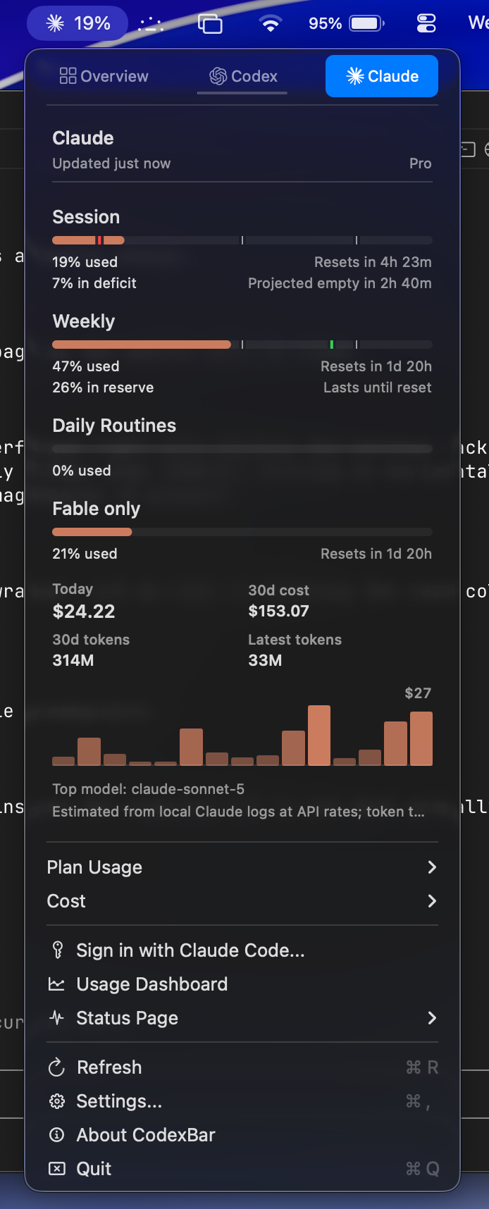 CodexBar menu-bar app showing session usage at 19% for the current update