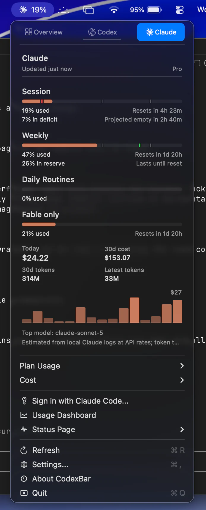 CodexBar menu-bar app showing session usage at 19% for the current update