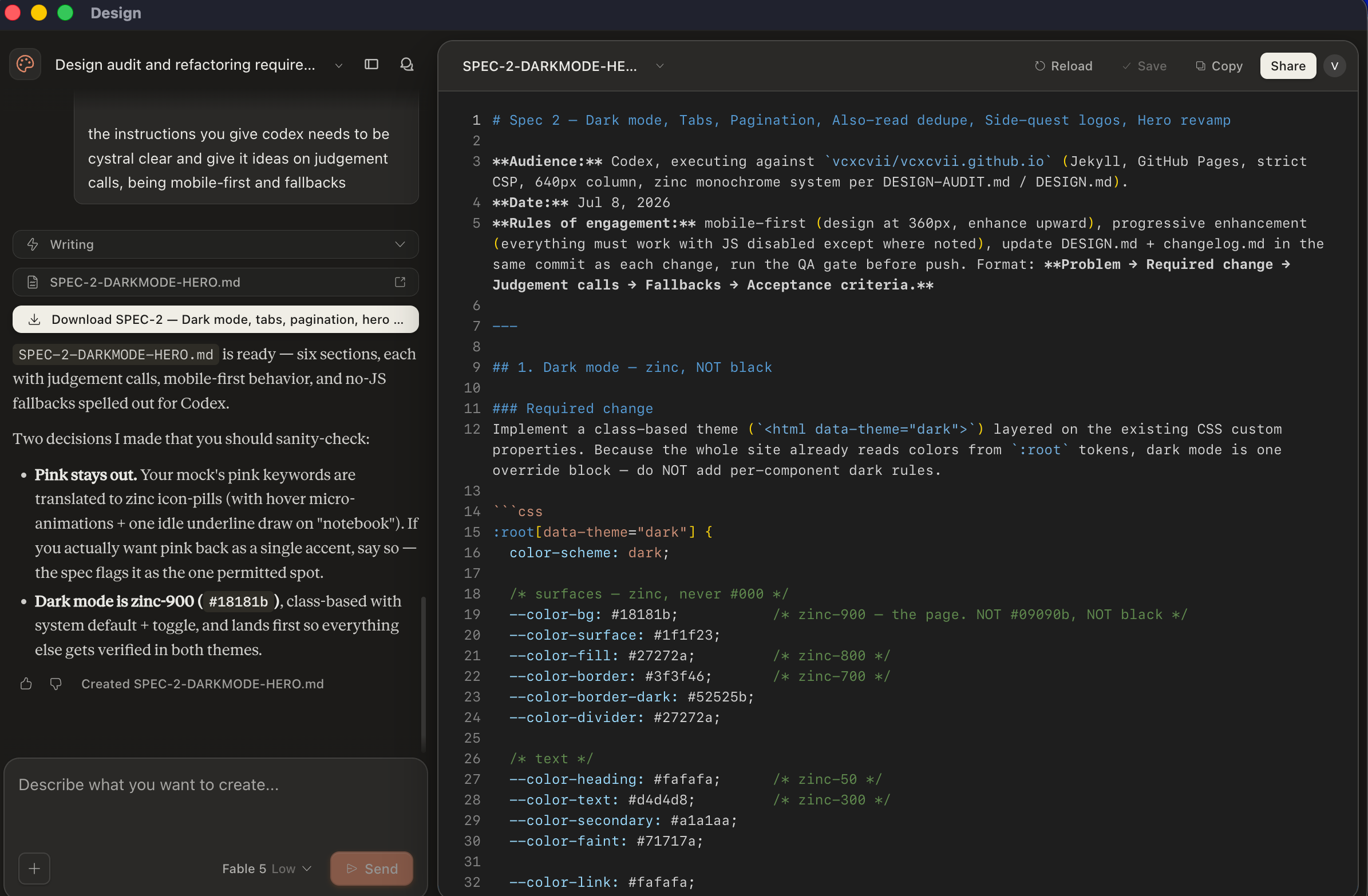 Claude generating a machine-readable spec for Codex: a mobile-first dark-mode and hero brief with problem, required change, judgement calls, fallbacks, and acceptance criteria