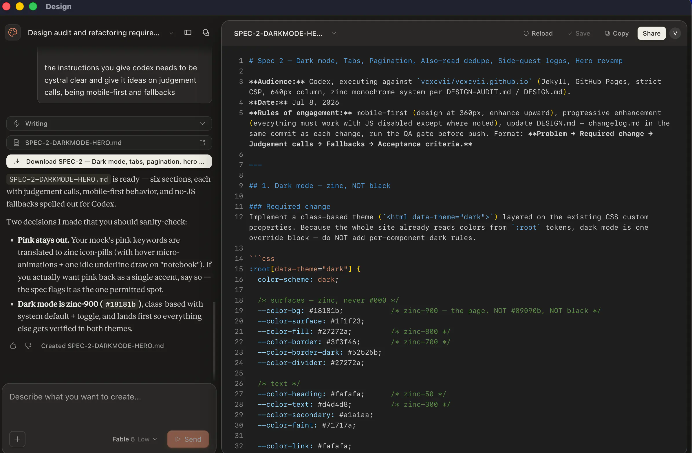 Claude generating a machine-readable spec for Codex: a mobile-first dark-mode and hero brief with problem, required change, judgement calls, fallbacks, and acceptance criteria