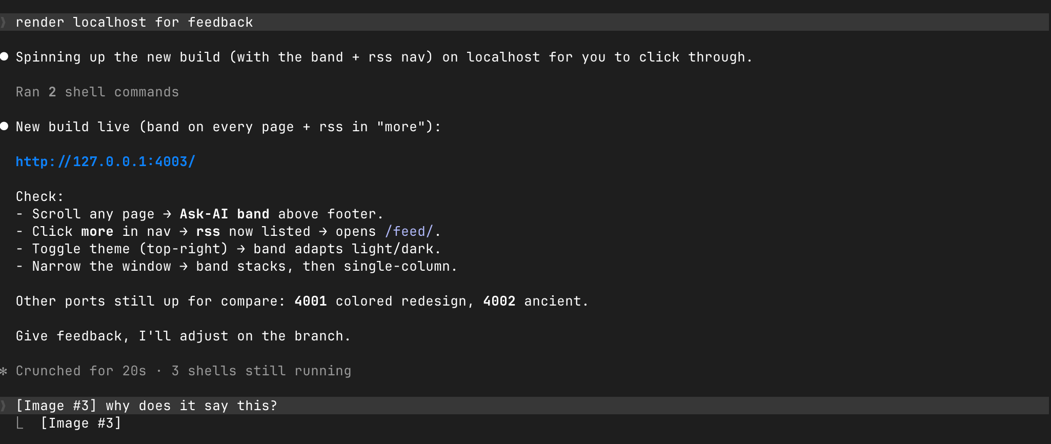 Claude Code serving the rebuilt site on localhost so I can click through and paste screenshots back as feedback